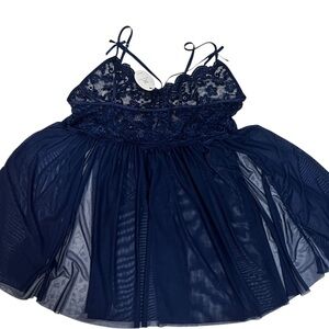 Avidlove Navy Blue Lace Babydoll Chemise Lingerie 16W Plus Size Sheer Bow Straps